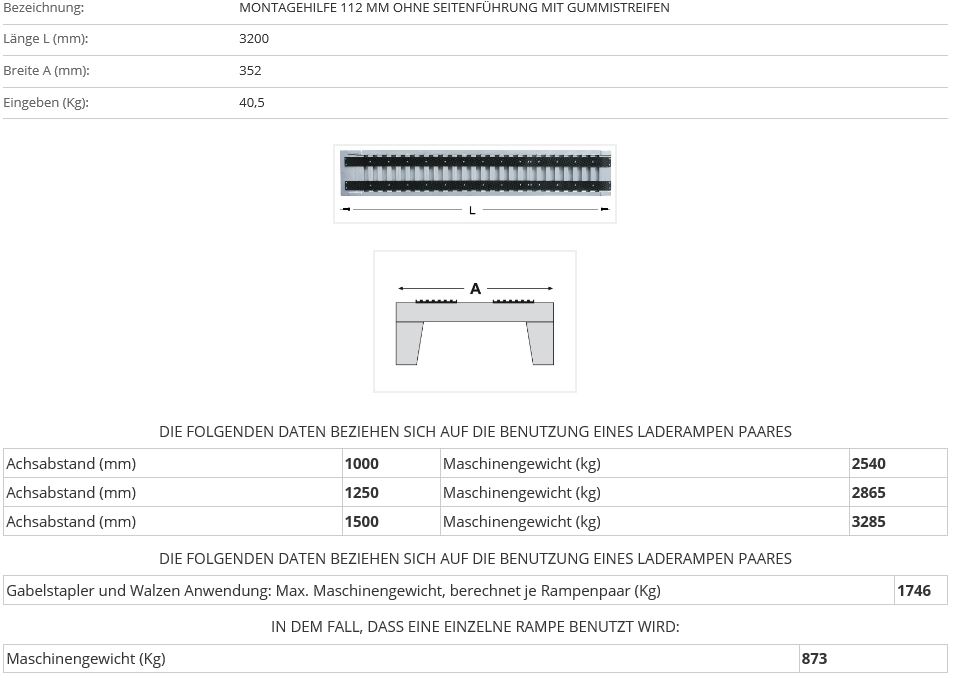 Verladerampe 3200 mm ohne Rand mit Gummiauflage