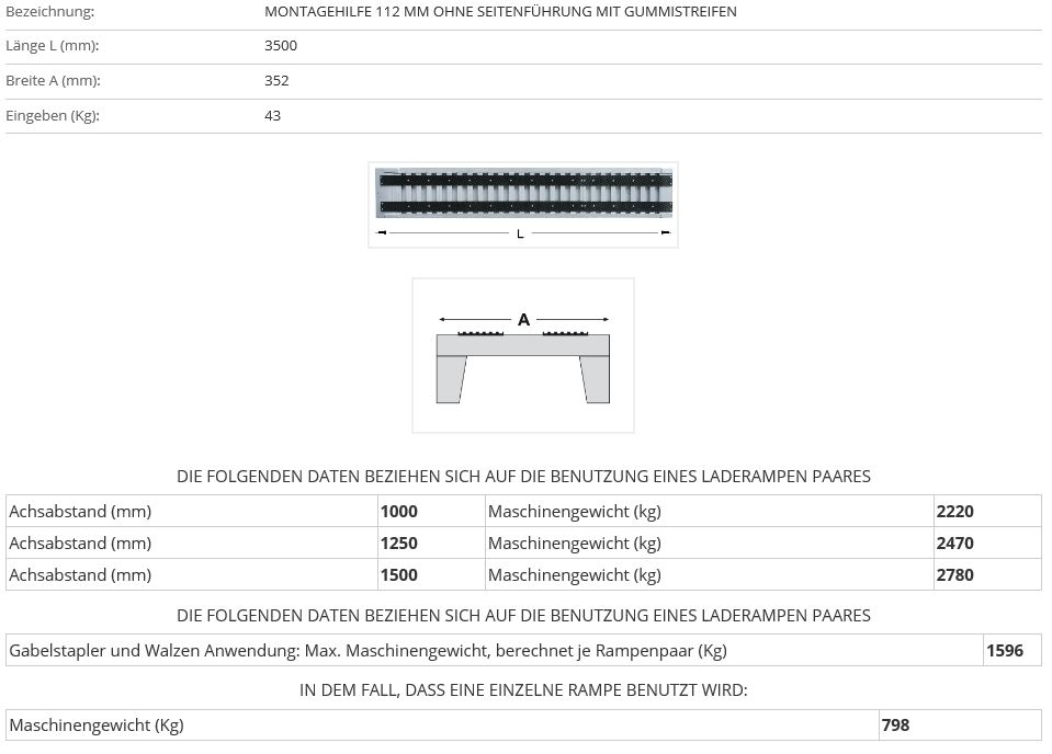 Verladerampe 3500 mm ohne Rand mit Gummiauflage