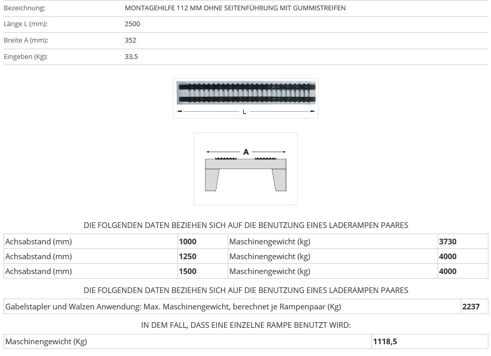 Verladerampe 2500 mm ohne Rand mit Gummiauflage